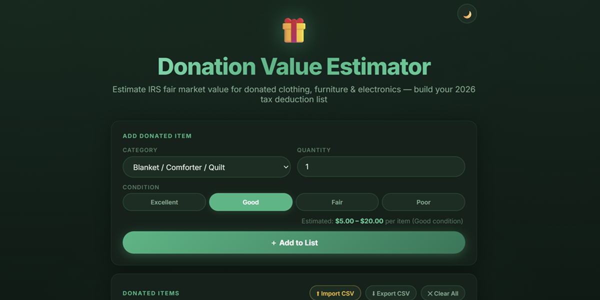 Donation Value Estimator tax deduction list